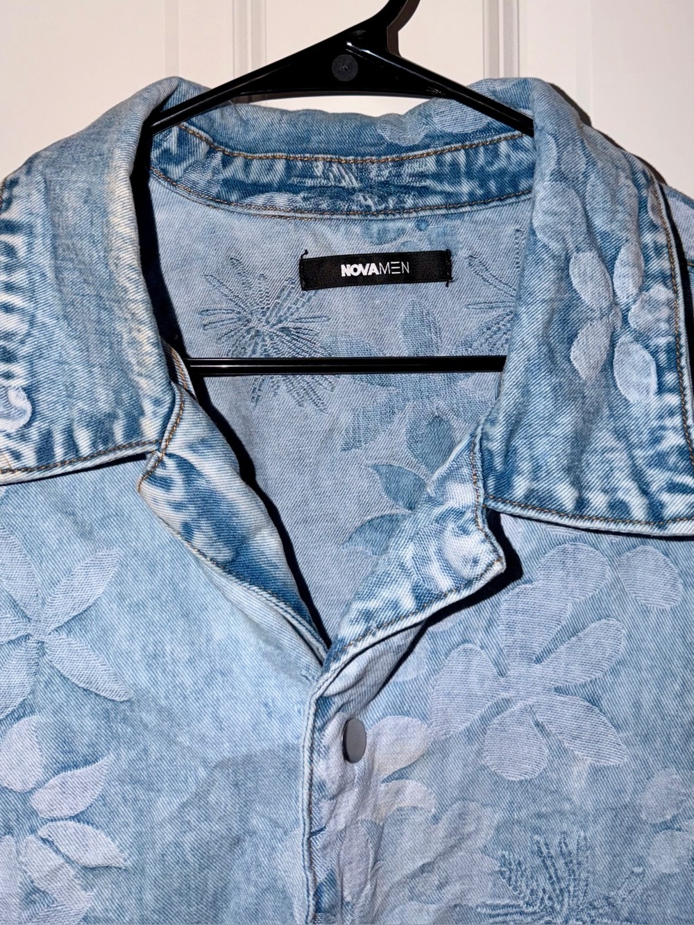 Fashion Nova Light Blue Floral-Embossed Denim Jacket
